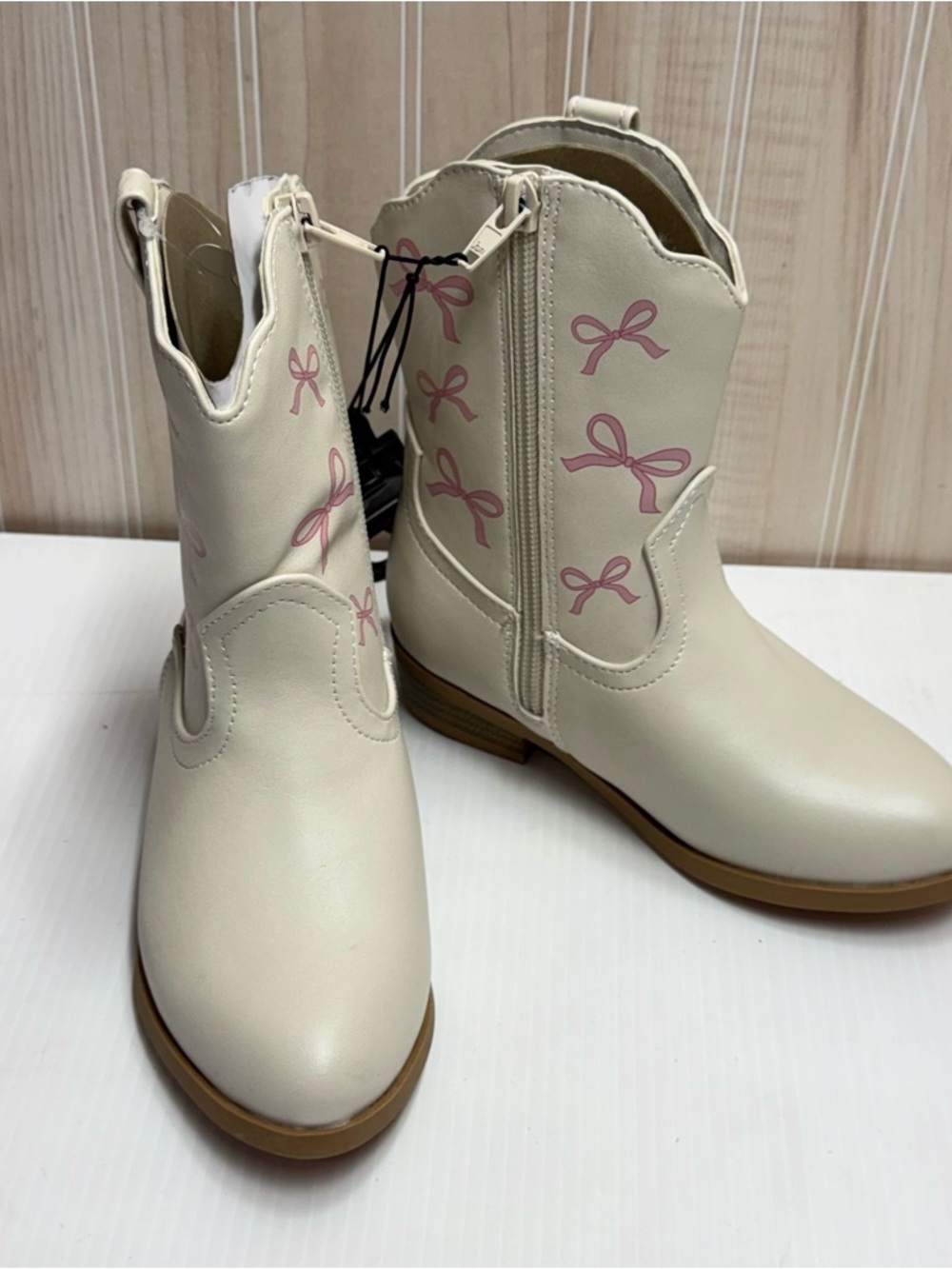 Kids Cream Western Boot with Pink Bow Accents